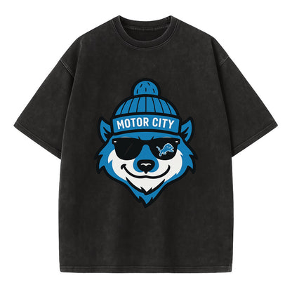 Motor City Wolverine wearing Lions beanie with gear patch and wayfarer sunglasses - Vintage T-shirt - Black