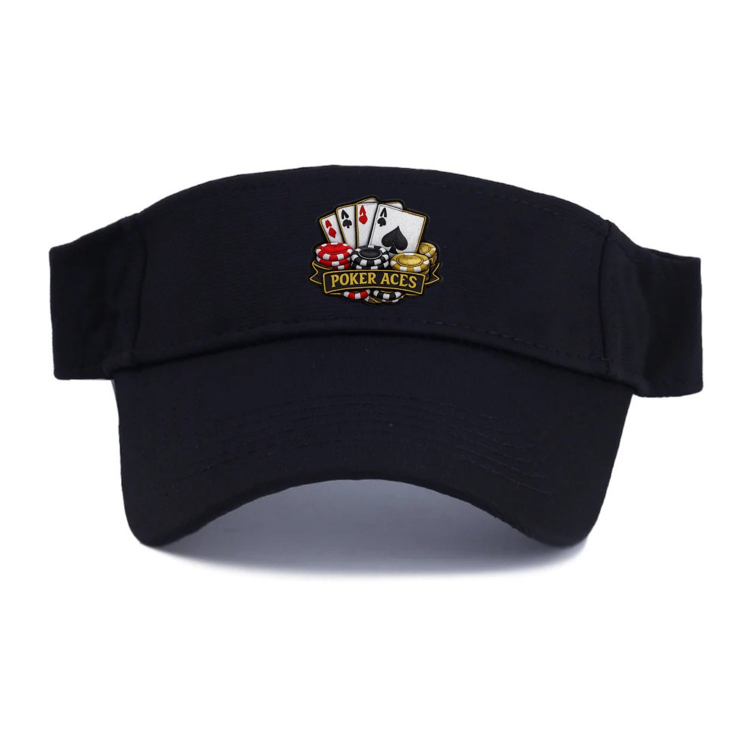 Embroidered patch design - POKER ACES - four aces with chips in red, black and gold - Visor - Black