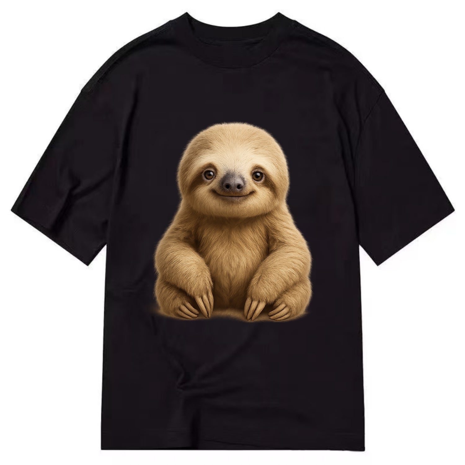 Baby Sloth - tan fur, long arms, peaceful smile, gentle eyes, front-facing, zen - Classic T-shirt - Black