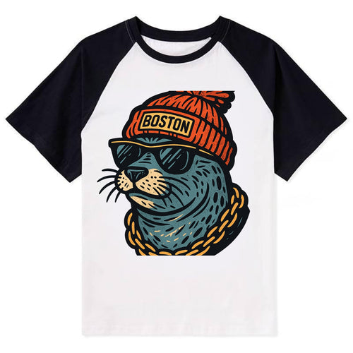 Boston Harbor Seal wearing Boston beanie with pom pom and wayfarer - Contrast Raglan T-shirt