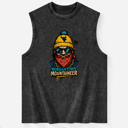Morgantown Mountaineer wearing West Virginia beanie with WV patch - Vintage Washed Tank - Black