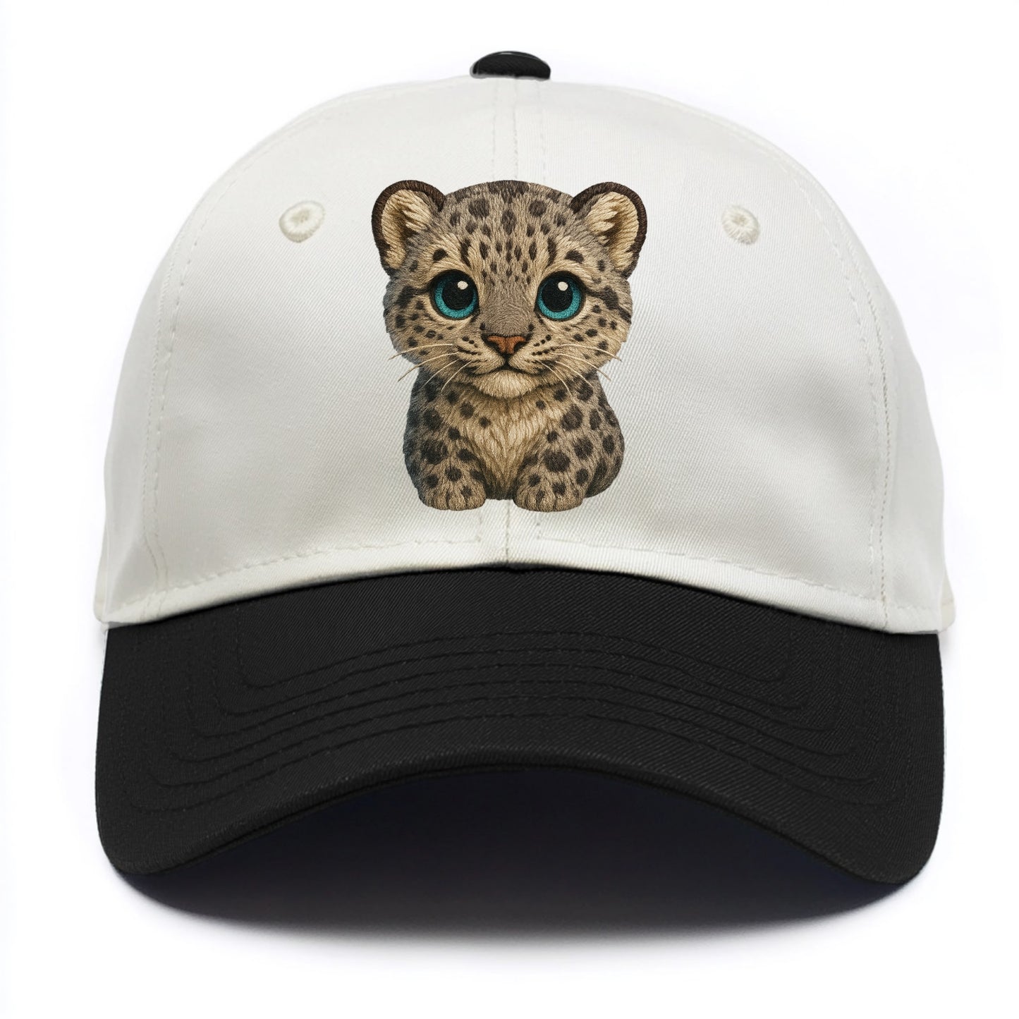 Baby Snow Leopard Cub - gray spotted, thick fur, blue-green eyes, front-facing, - Two Tone Cap - Black