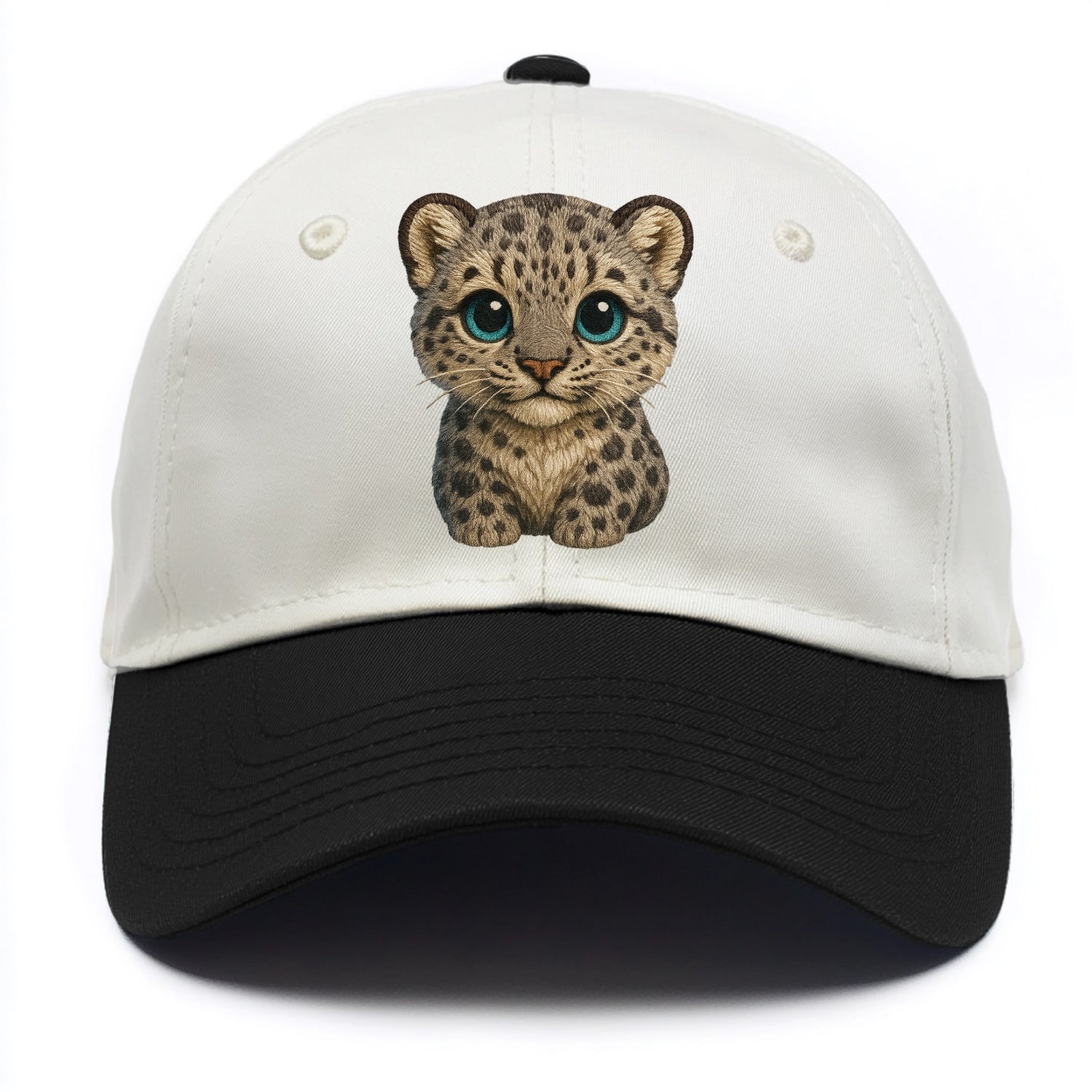 Baby Snow Leopard Cub - gray spotted, thick fur, blue-green eyes, front-facing, - Two Tone Cap - Black