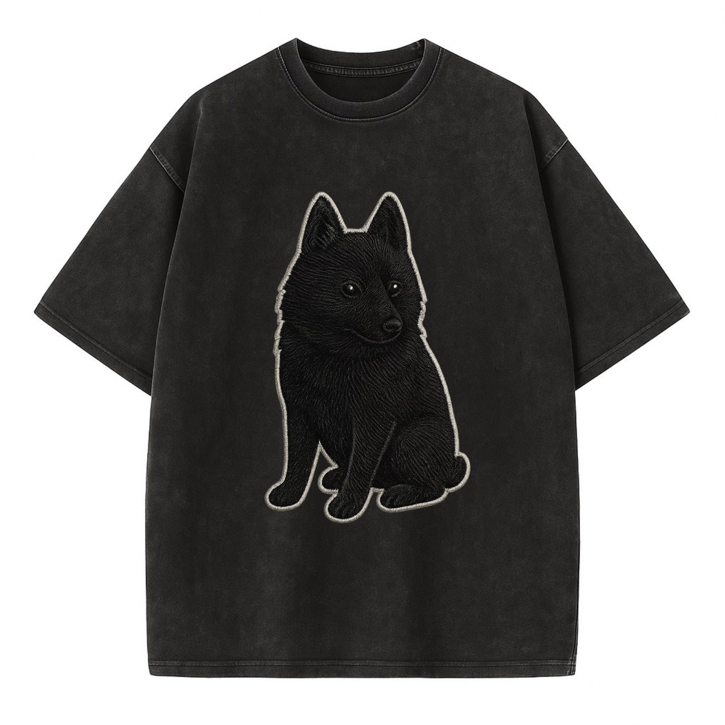 Schipperke - Solid black small embroidered sitting pose - Vintage T-shirt - Black