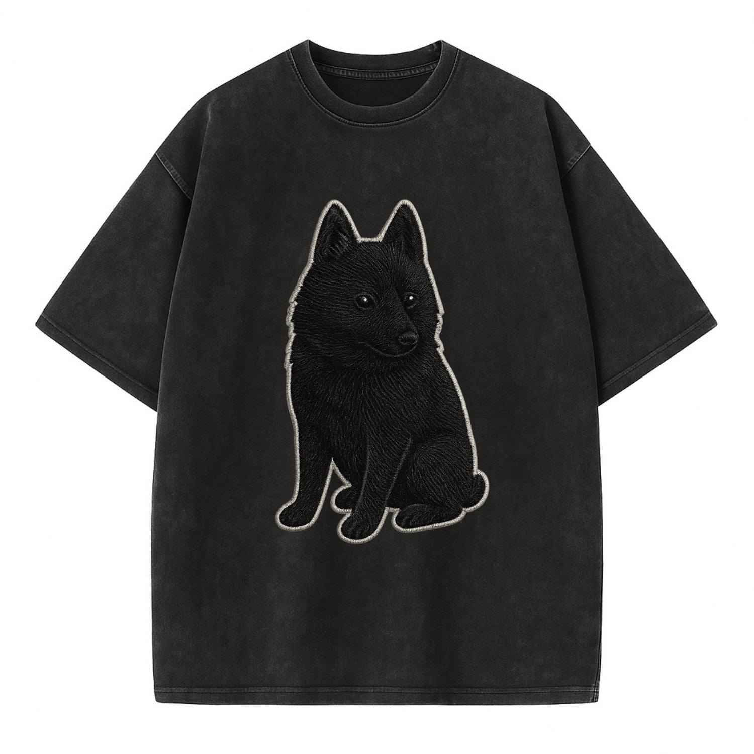 Schipperke - Solid black small embroidered sitting pose - Vintage T-shirt - Black