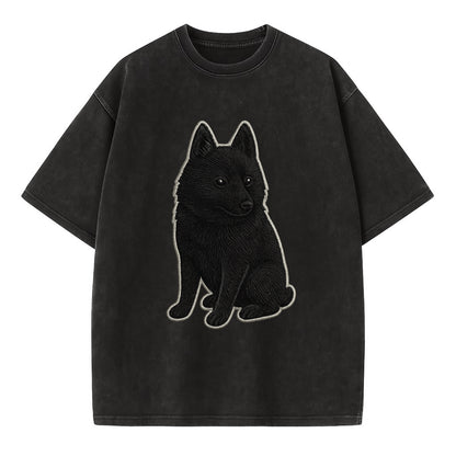 Schipperke - Solid black small embroidered sitting pose - Vintage T-shirt - Black