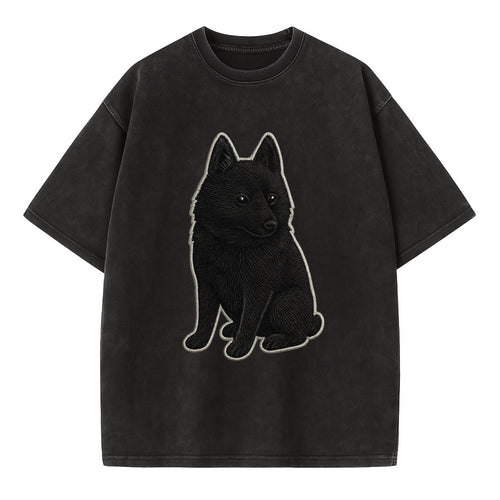 Schipperke - Solid black small embroidered sitting pose - Vintage T-shirt