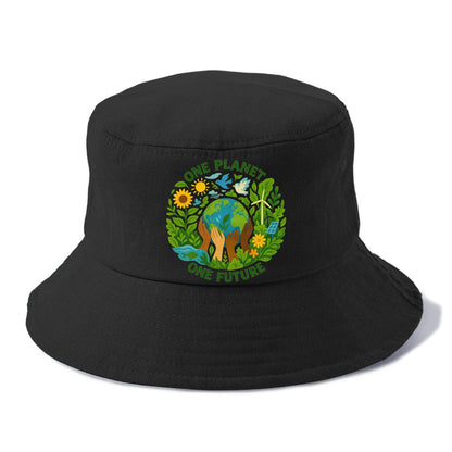 Globe surrounded by hands of all colors working together - "One Planet, One Future" - - Bucket Hat - Black