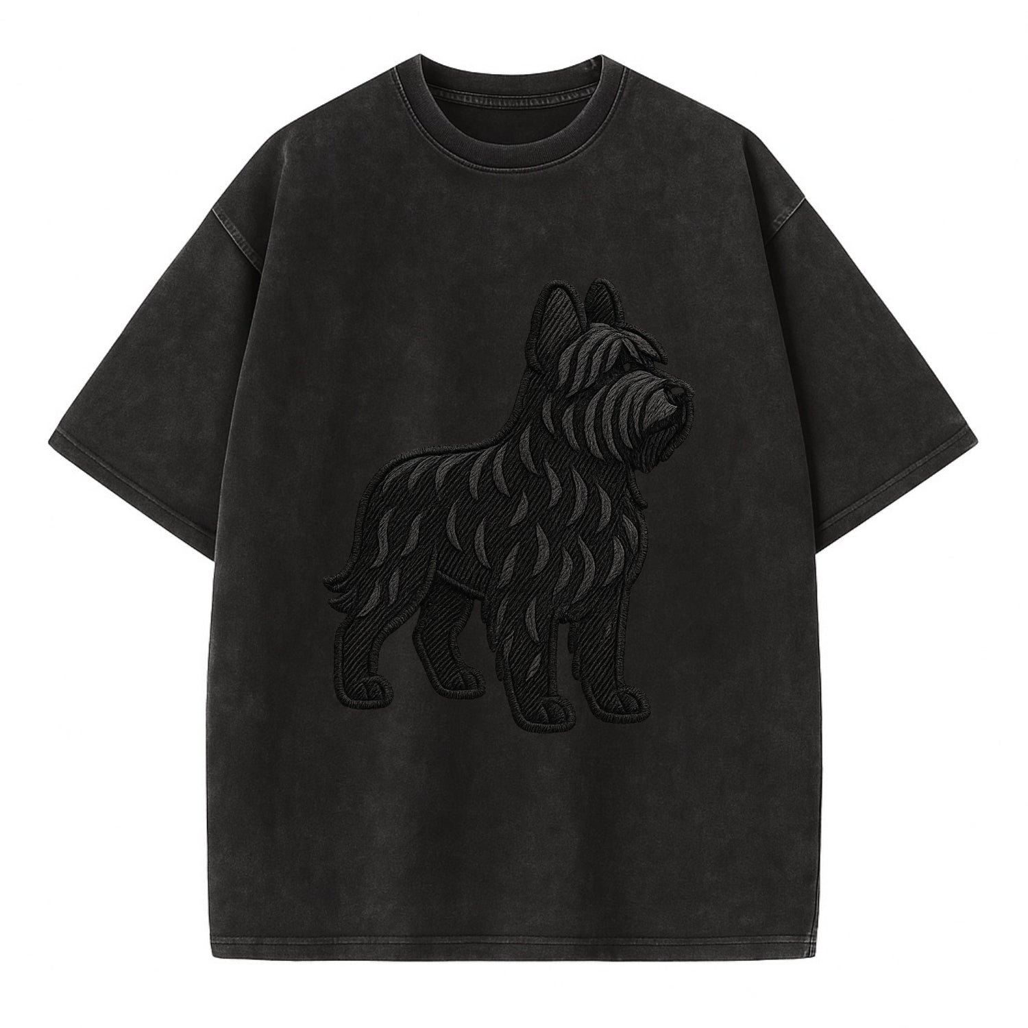 Briard - Black wavy coat embroidered herding pose - Vintage T-shirt - Black