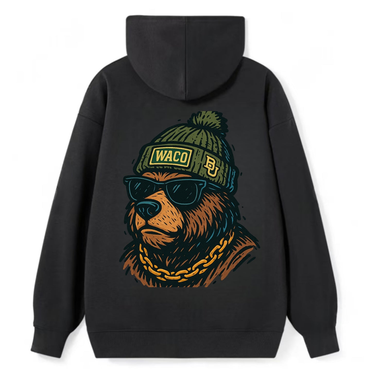 Waco Bear wearing Baylor beanie with BU patch - Classic Pullover Hoodie - Black