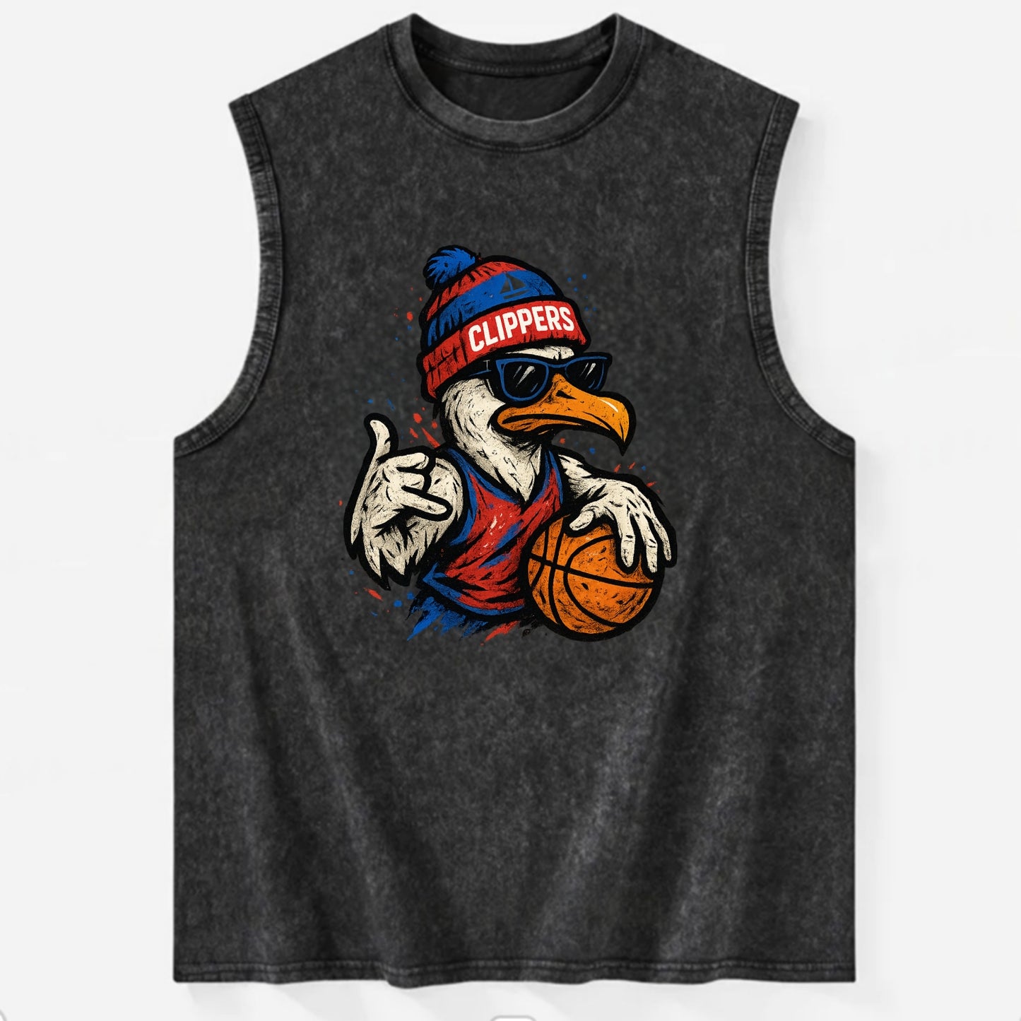 LA Seagull wearing Clippers red white and blue beanie with ship patch and - Vintage Washed Tank - Black