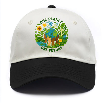 Globe surrounded by hands of all colors working together - "One Planet, One Future" - Two Tone Cap - Black