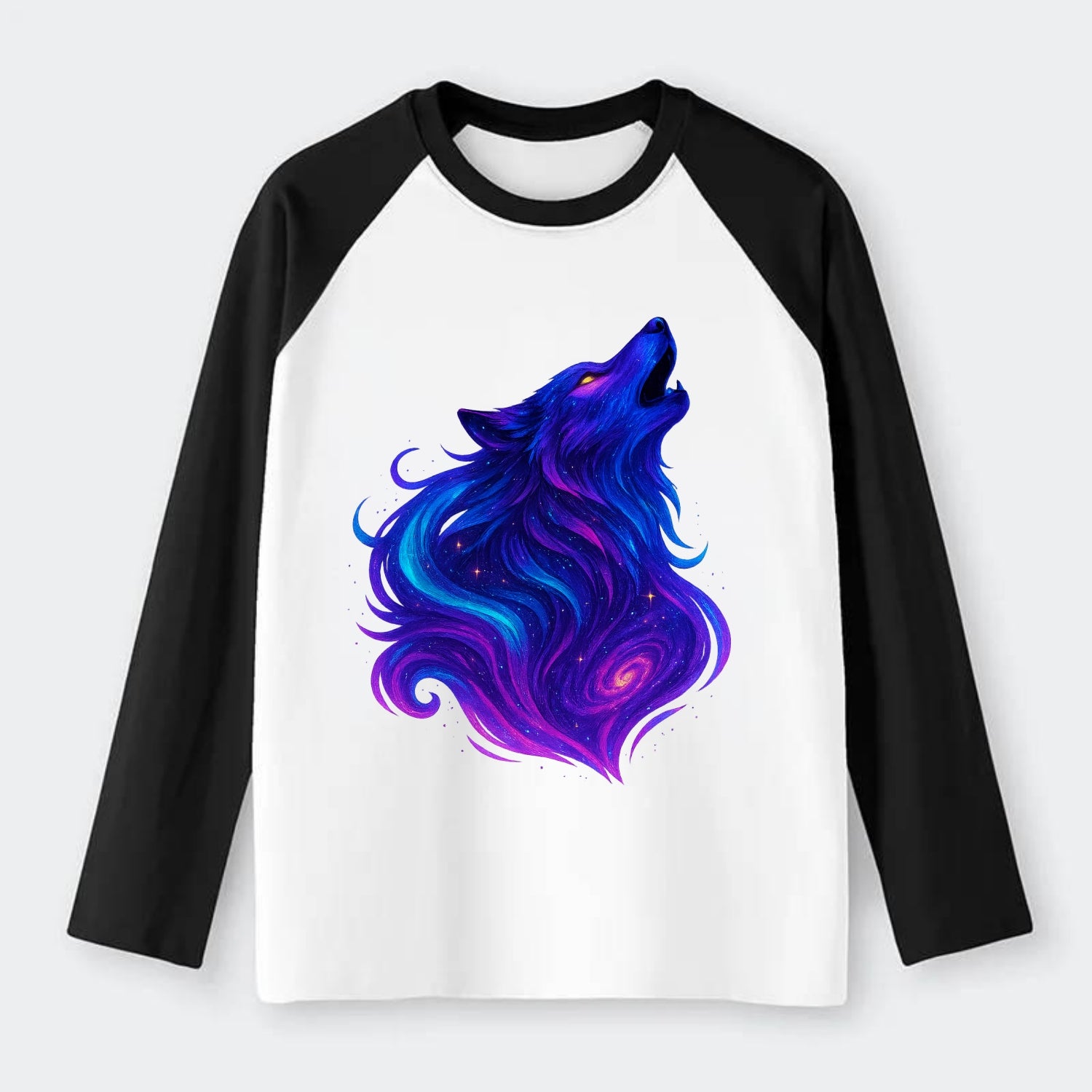 Noble wolf with flowing fur that transforms into aurora borealis - Raglan Long Sleeve T-Shirt - Black