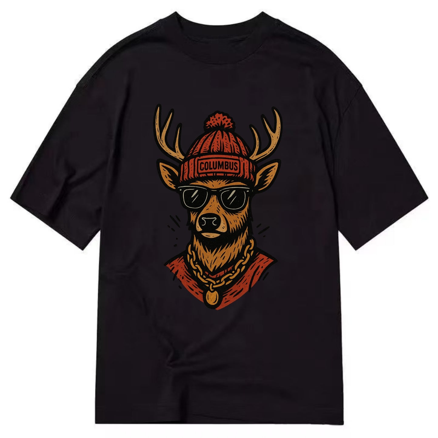 Columbus White-tailed Deer wearing Columbus beanie with pom pom and wayfarer - Classic T-shirt - Black