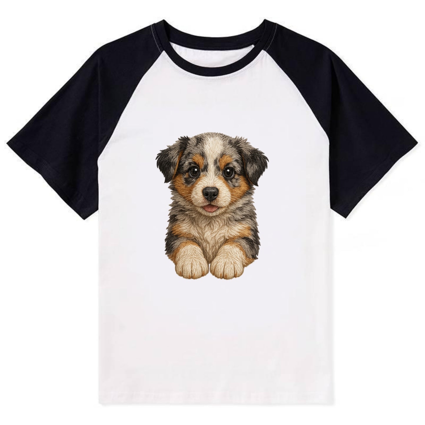 Baby Australian Shepherd Puppy - merle coat, bright eyes, fluffy, - Contrast Raglan T-shirt - Black