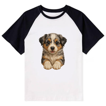 Baby Australian Shepherd Puppy - merle coat, bright eyes, fluffy, - Contrast Raglan T-shirt - Black