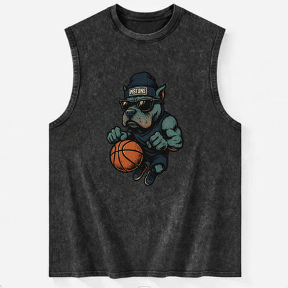 Detroit Pitbull wearing Pistons beanie with chrome patch and wayfarer - Vintage Washed Tank - Black