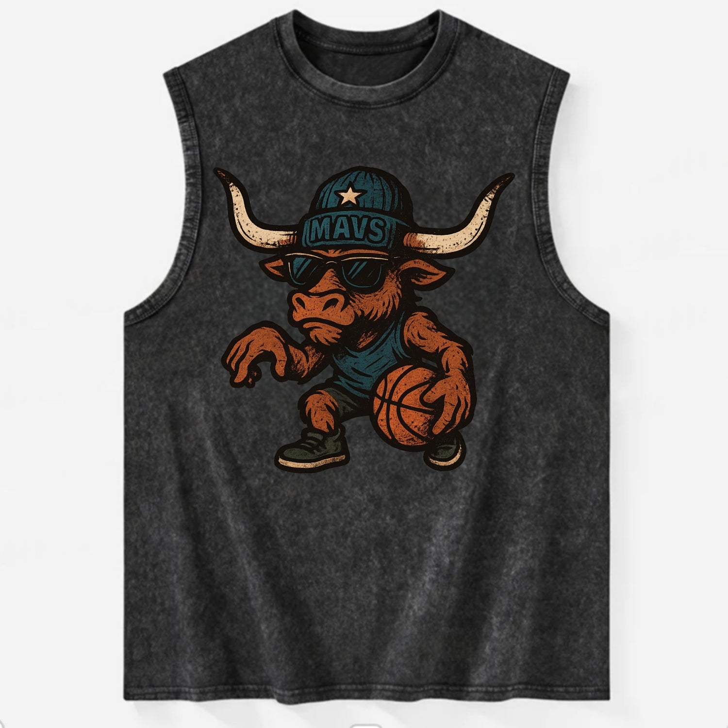 Texas Longhorn wearing Mavs beanie with lone star patch and wayfarer - Vintage Washed Tank - Black