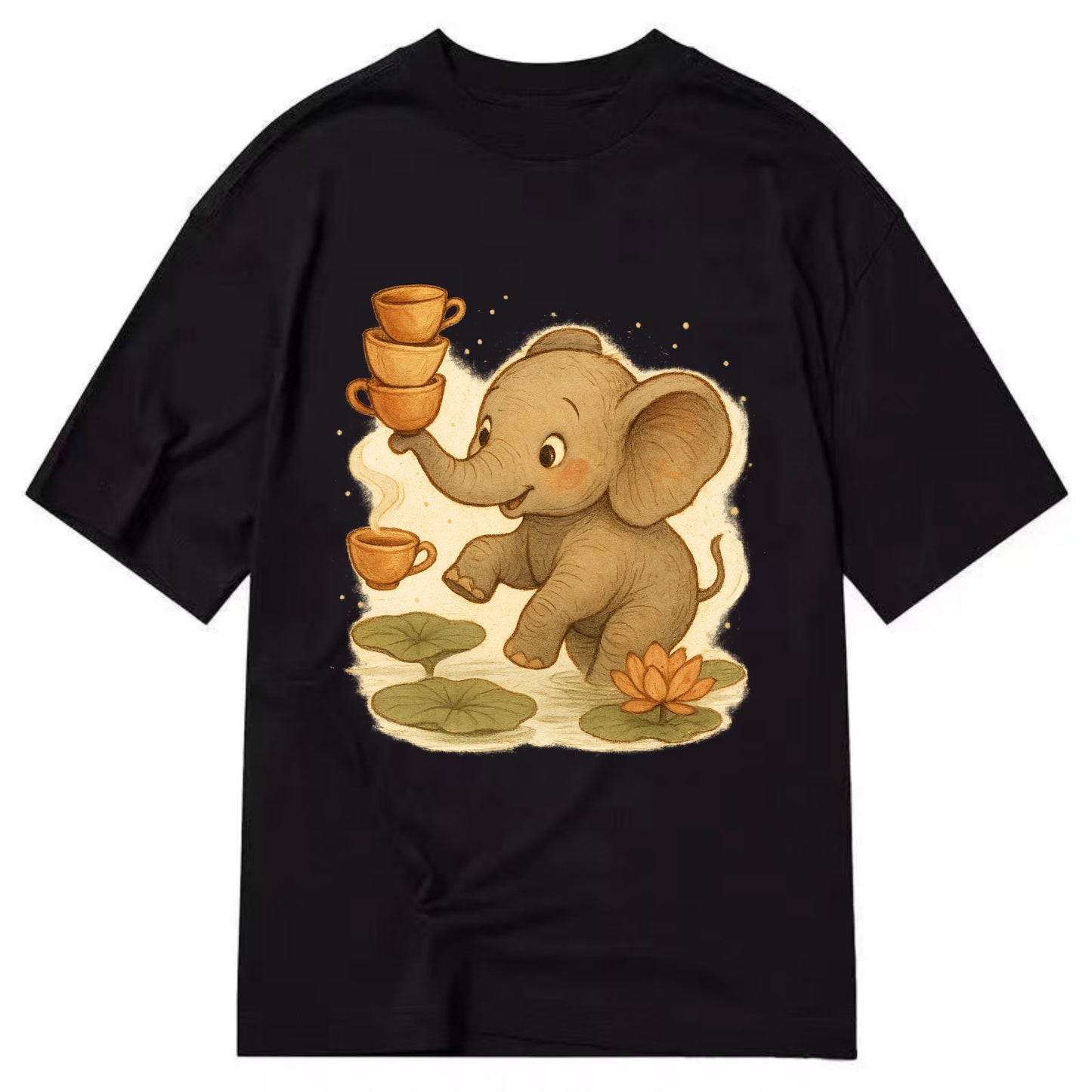 Elephant balancing teacups during a floating tea ceremony beside lotus ponds - Classic T-shirt - Black