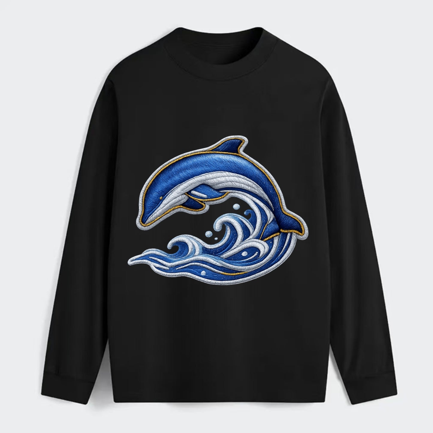 Embroidered patch design - SWIMMING DOLPHIN - diving dolphin with waves - Classic Long Sleeve Shirt - Black