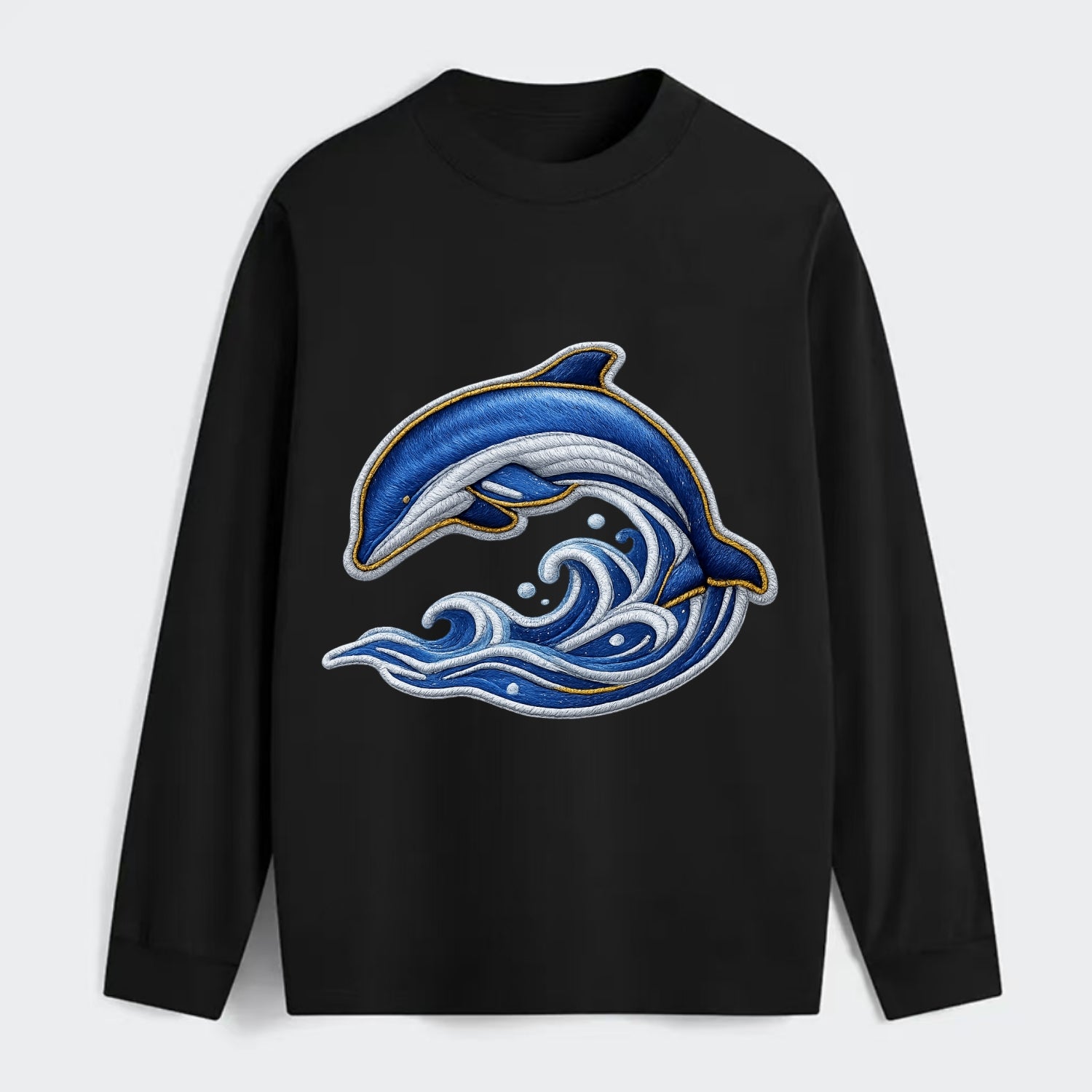 Embroidered patch design - SWIMMING DOLPHIN - diving dolphin with waves - Classic Long Sleeve Shirt - Black
