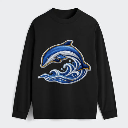 Embroidered patch design - SWIMMING DOLPHIN - diving dolphin with waves - Classic Long Sleeve Shirt - Black