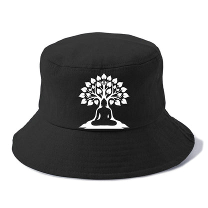 Buddha silhouette meditating - negative space forms bodhi tree - Bucket Hat - Black