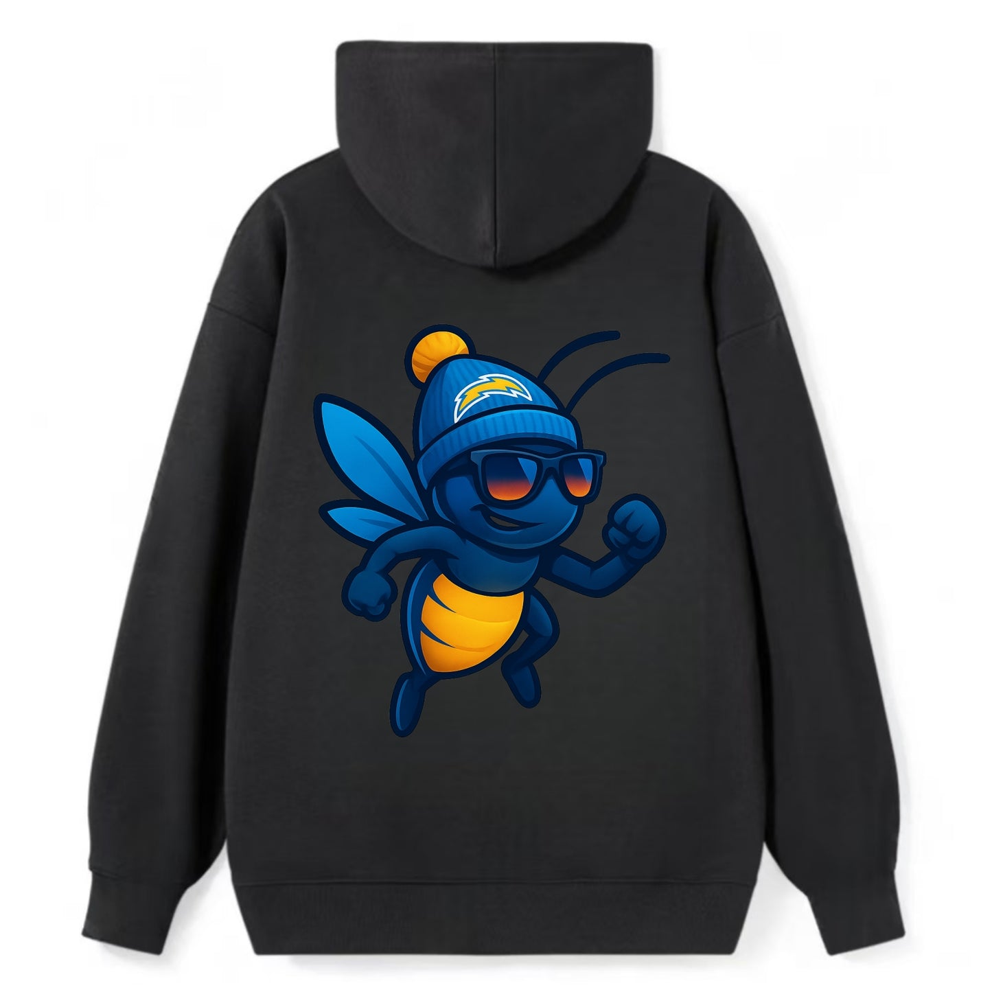 LA Lightning Bug wearing Chargers powder blue and gold beanie with pom - Classic Pullover Hoodie - Black