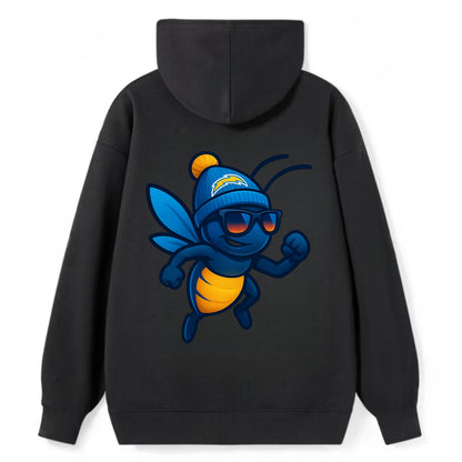 LA Lightning Bug wearing Chargers powder blue and gold beanie with pom - Classic Pullover Hoodie - Black