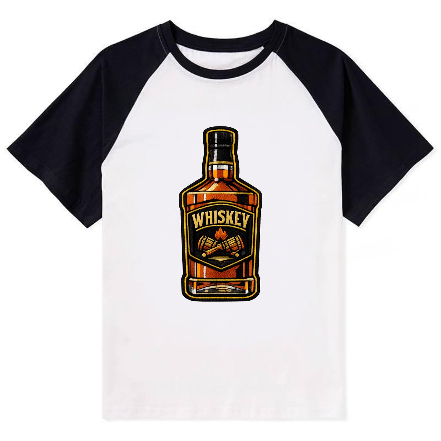 WHISKEY BOTTLE - bourbon bottle in amber and gold , spirits connoisseur - Contrast Raglan T-shirt - Black