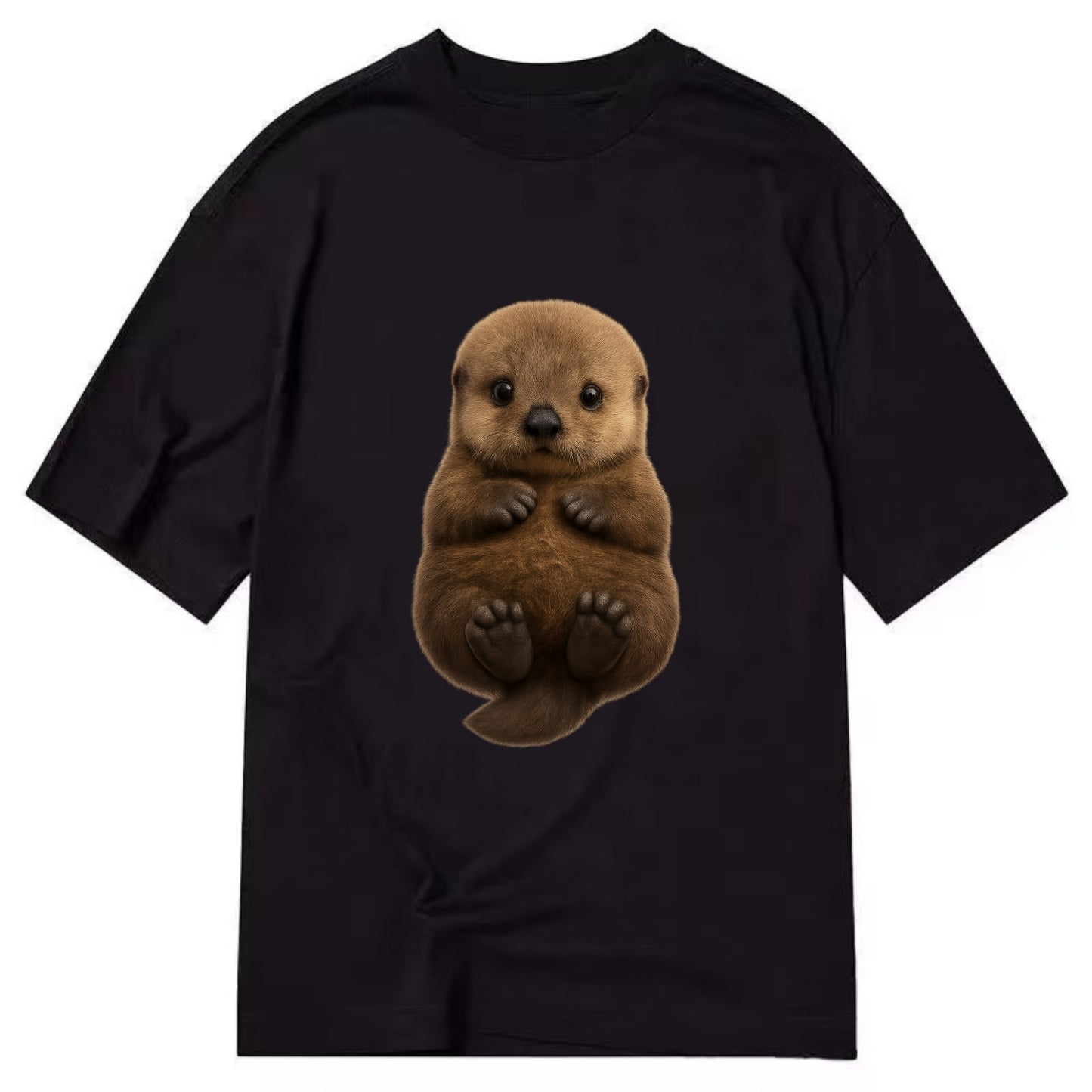 Baby Sea Otter - brown fluffy, floating on back, tiny paws, bright eyes, - Classic T-shirt - Black