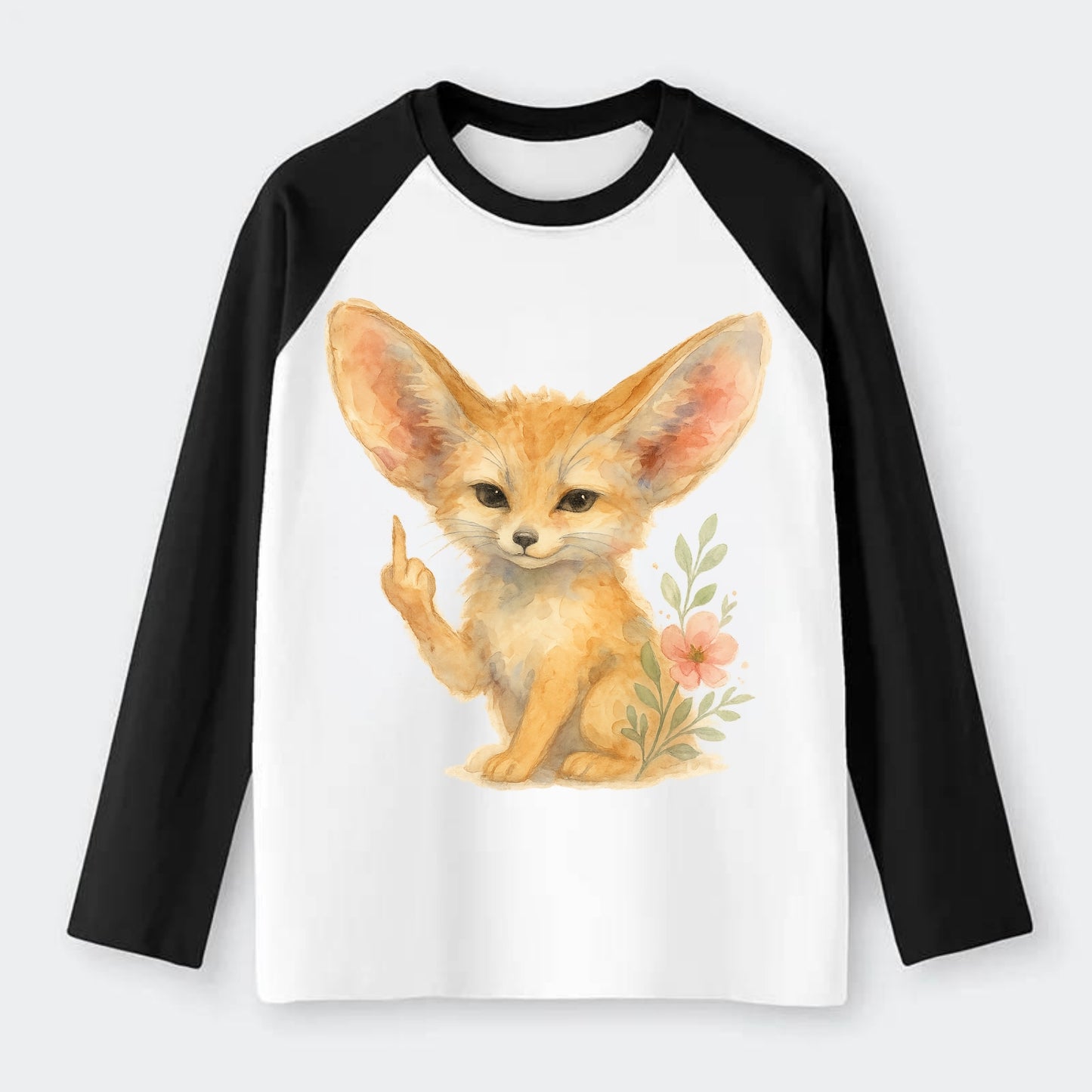 tiny fennec fox with oversized ears, one small paw raised in sass - Raglan Long Sleeve T-Shirt - Black