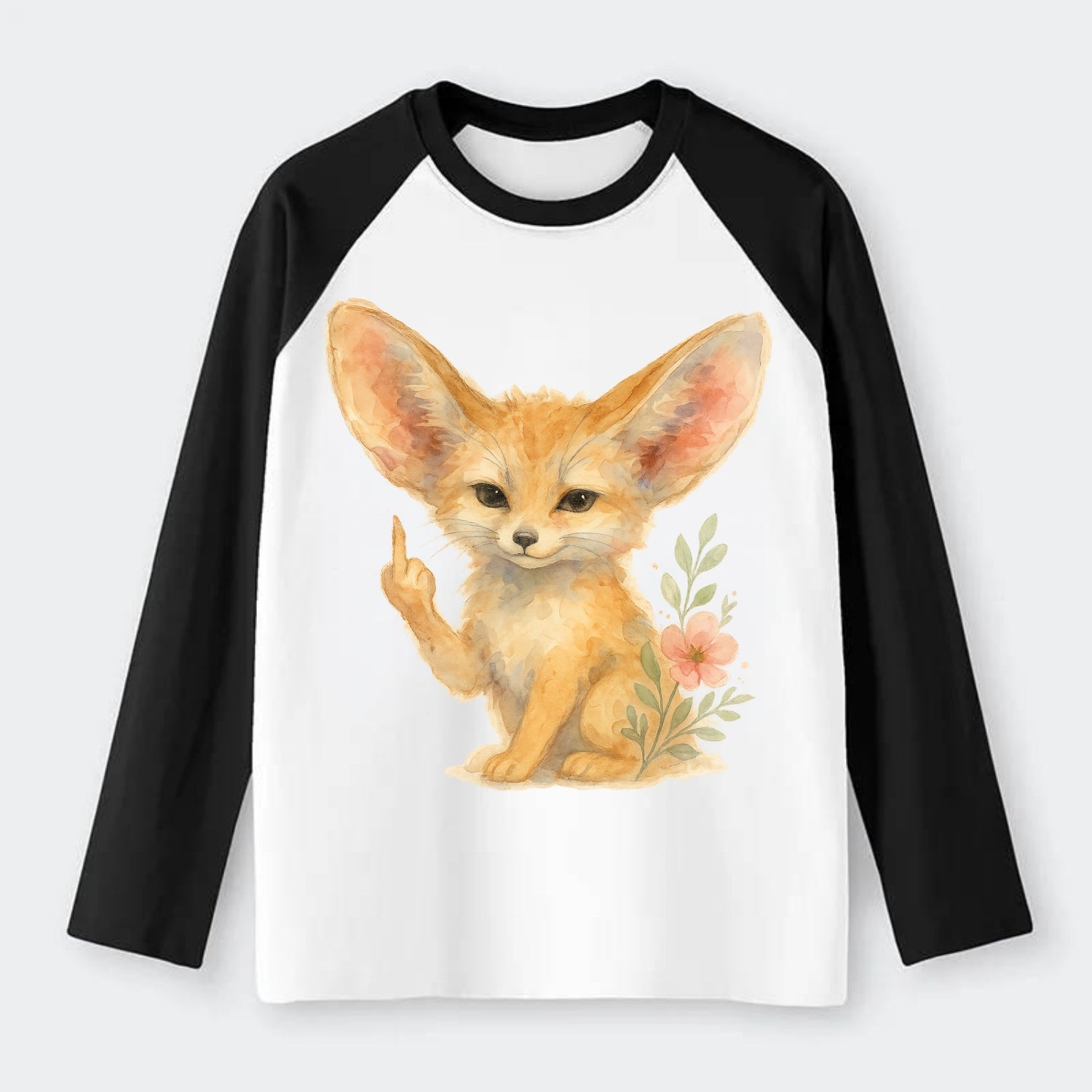 tiny fennec fox with oversized ears, one small paw raised in sass - Raglan Long Sleeve T-Shirt - Black