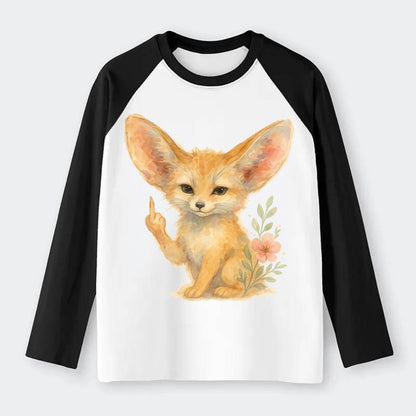 tiny fennec fox with oversized ears, one small paw raised in sass - Raglan Long Sleeve T-Shirt - Black