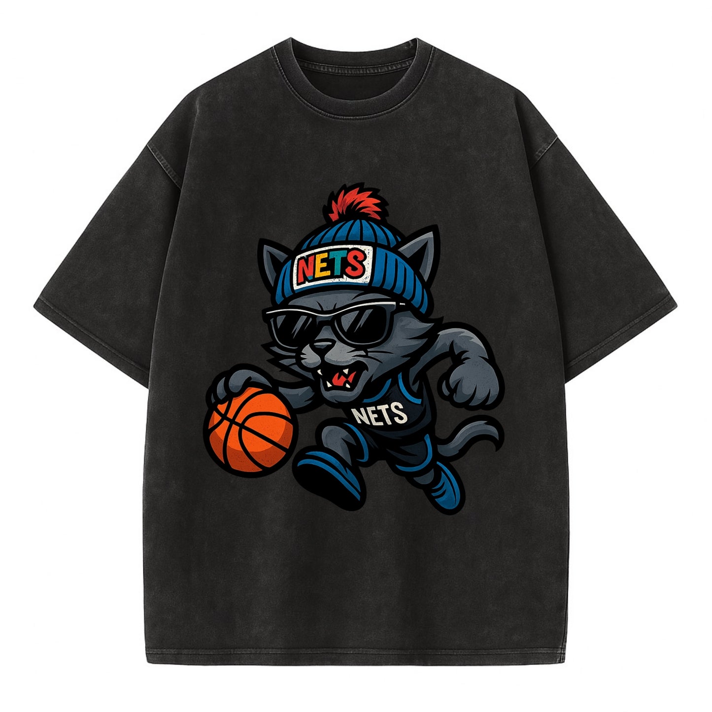Brooklyn Cat wearing Nets beanie with street art patch and wayfarer sunglasses - Vintage T-shirt - Black