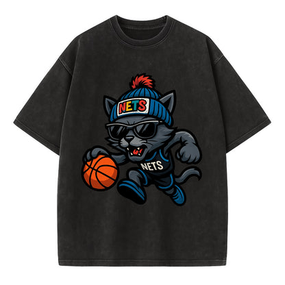Brooklyn Cat wearing Nets beanie with street art patch and wayfarer sunglasses - Vintage T-shirt - Black