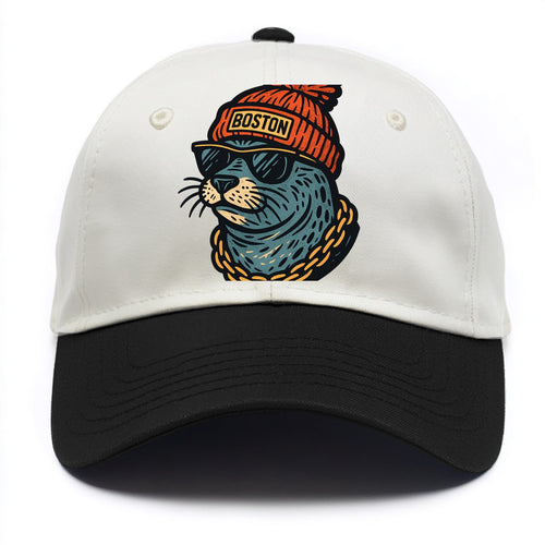 Boston Harbor Seal wearing Boston beanie with pom pom and wayfarer sunglasses - Two Tone Cap