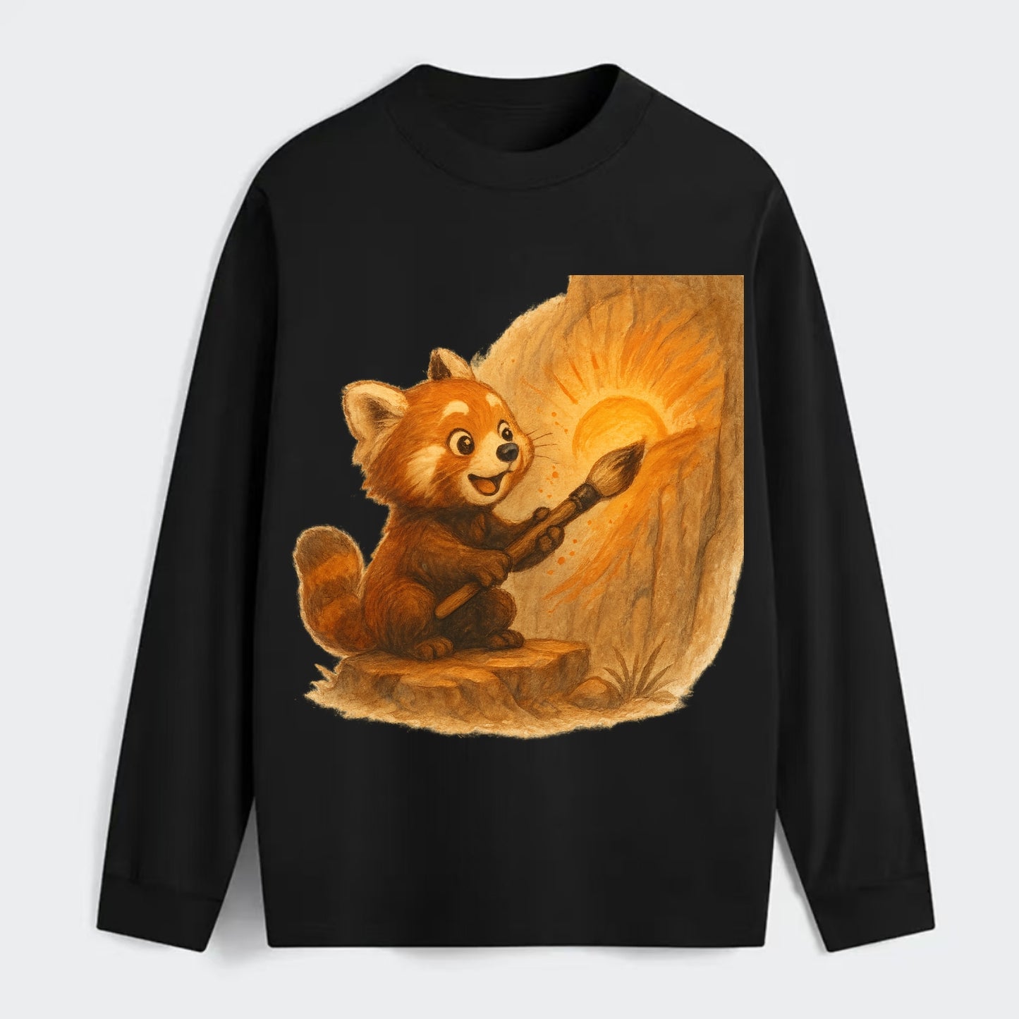 Red panda painting a sunrise mural with an oversized calligraphy brush - Classic Long Sleeve Shirt - Black