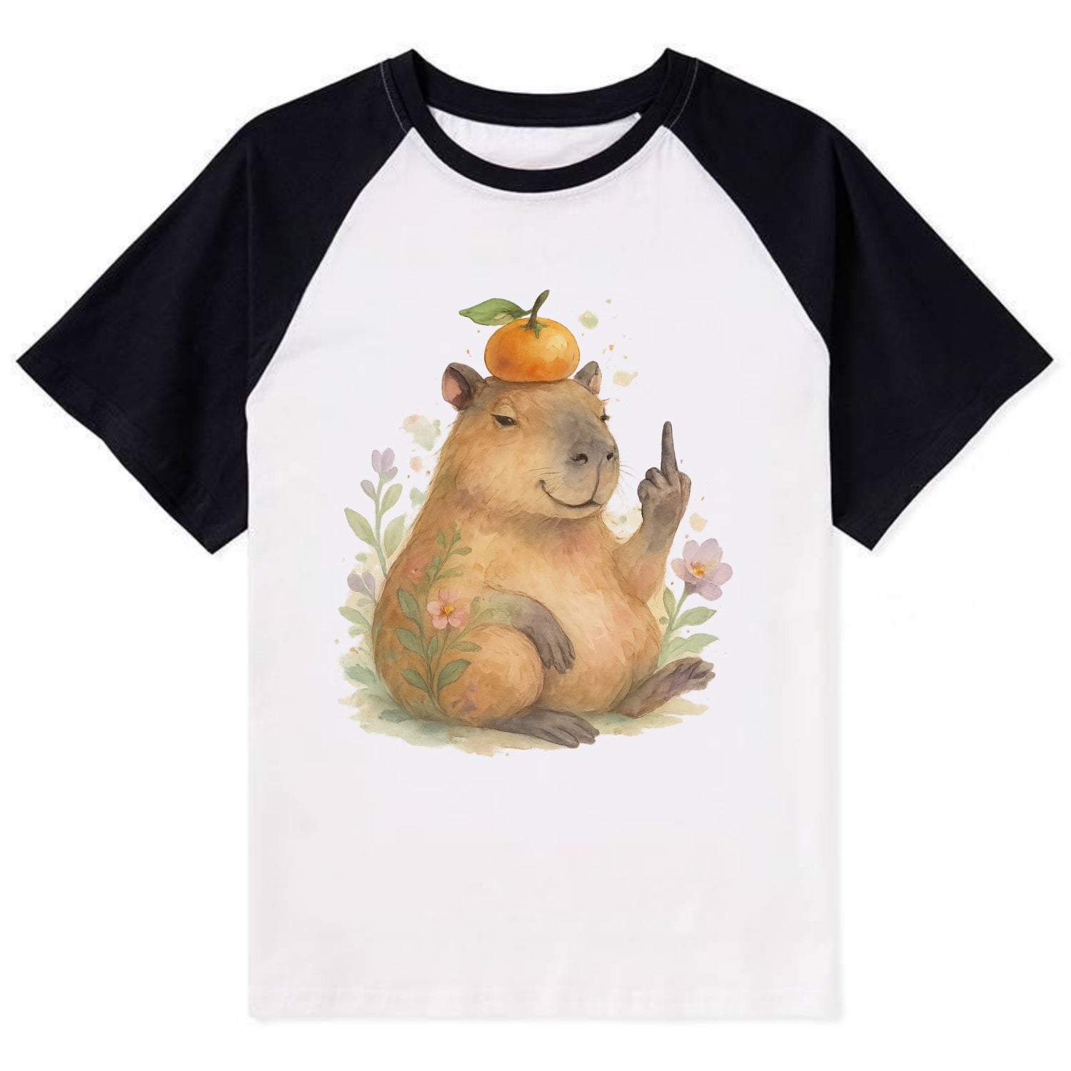 chonky capybara relaxing with orange on head, one webbed middle finger up - Contrast Raglan T-shirt - Black