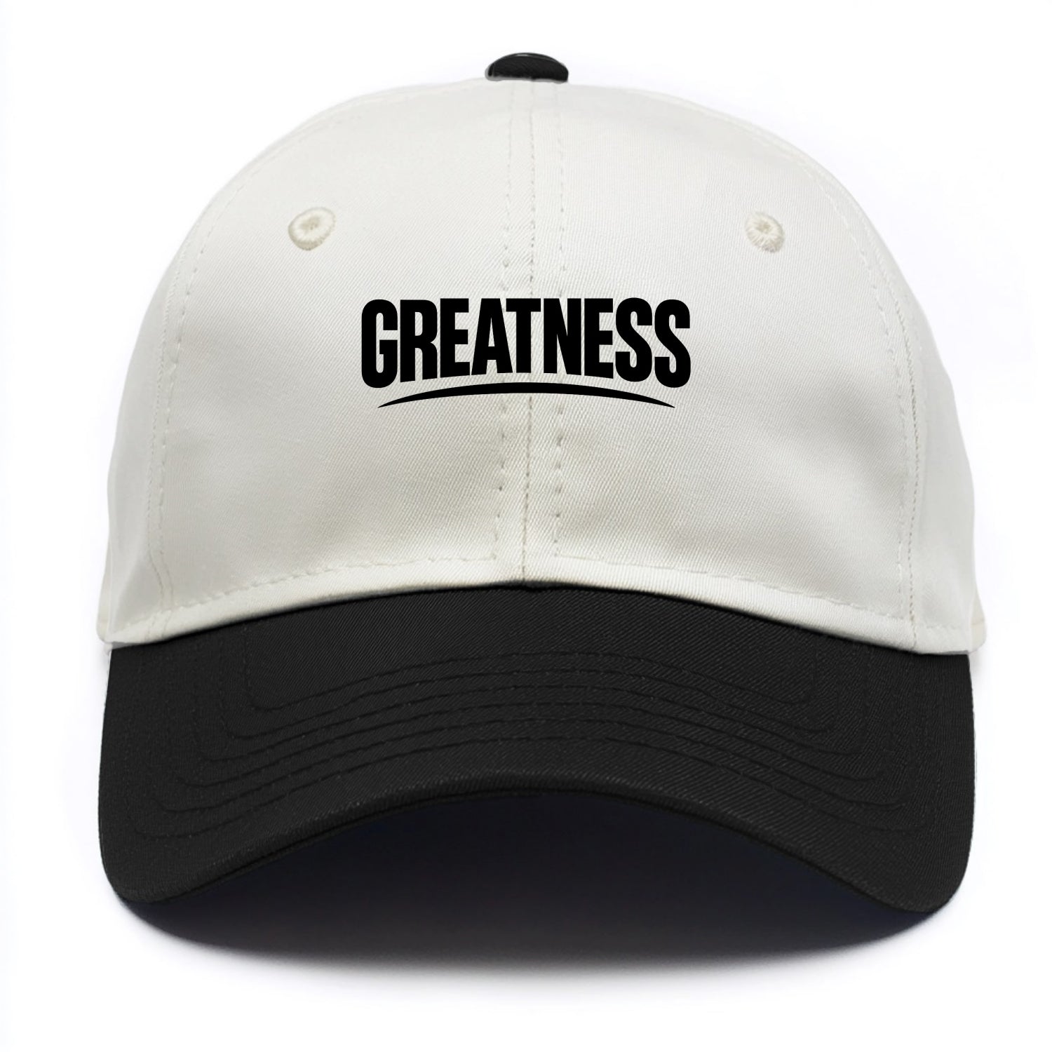 Bold typography design - "GREATNESS" - achieving excellence, reaching potential - Two Tone Cap - Black