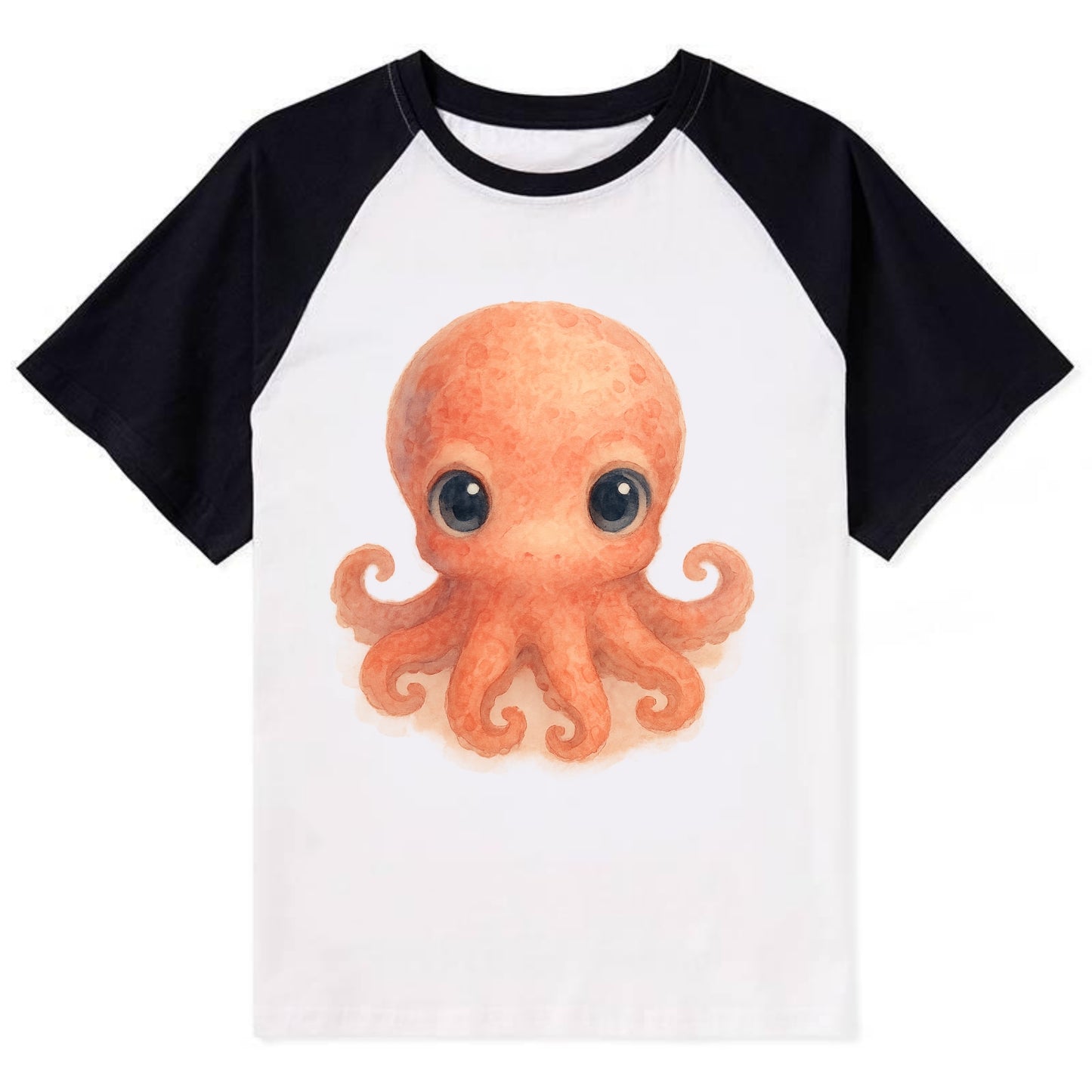 Baby Octopus - red-orange, eight tiny tentacles curled, large intelligent - Contrast Raglan T-shirt - Black