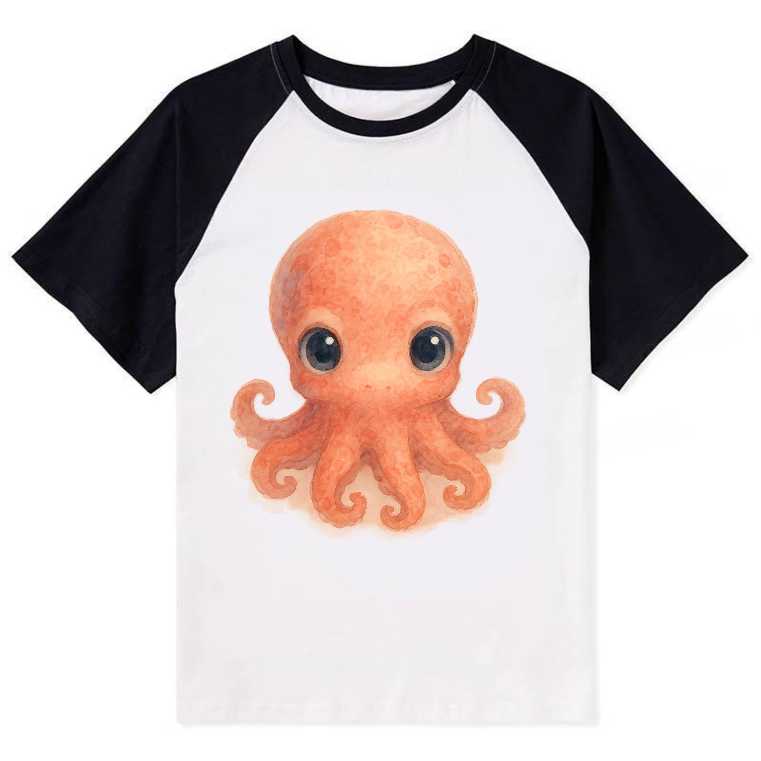 Baby Octopus - red-orange, eight tiny tentacles curled, large intelligent - Contrast Raglan T-shirt - Black