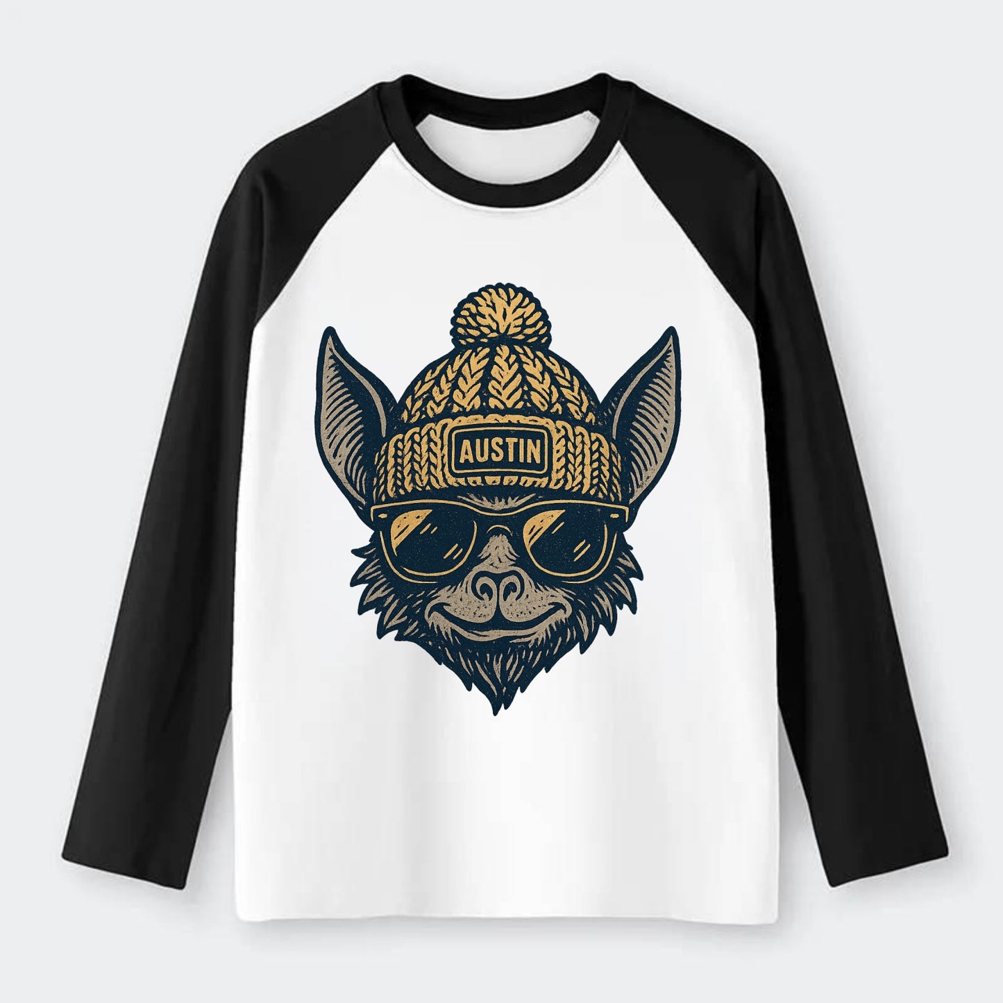 Austin Bat wearing Austin beanie with pom pom and wayfarer sunglasses - Raglan Long Sleeve T-Shirt - Black