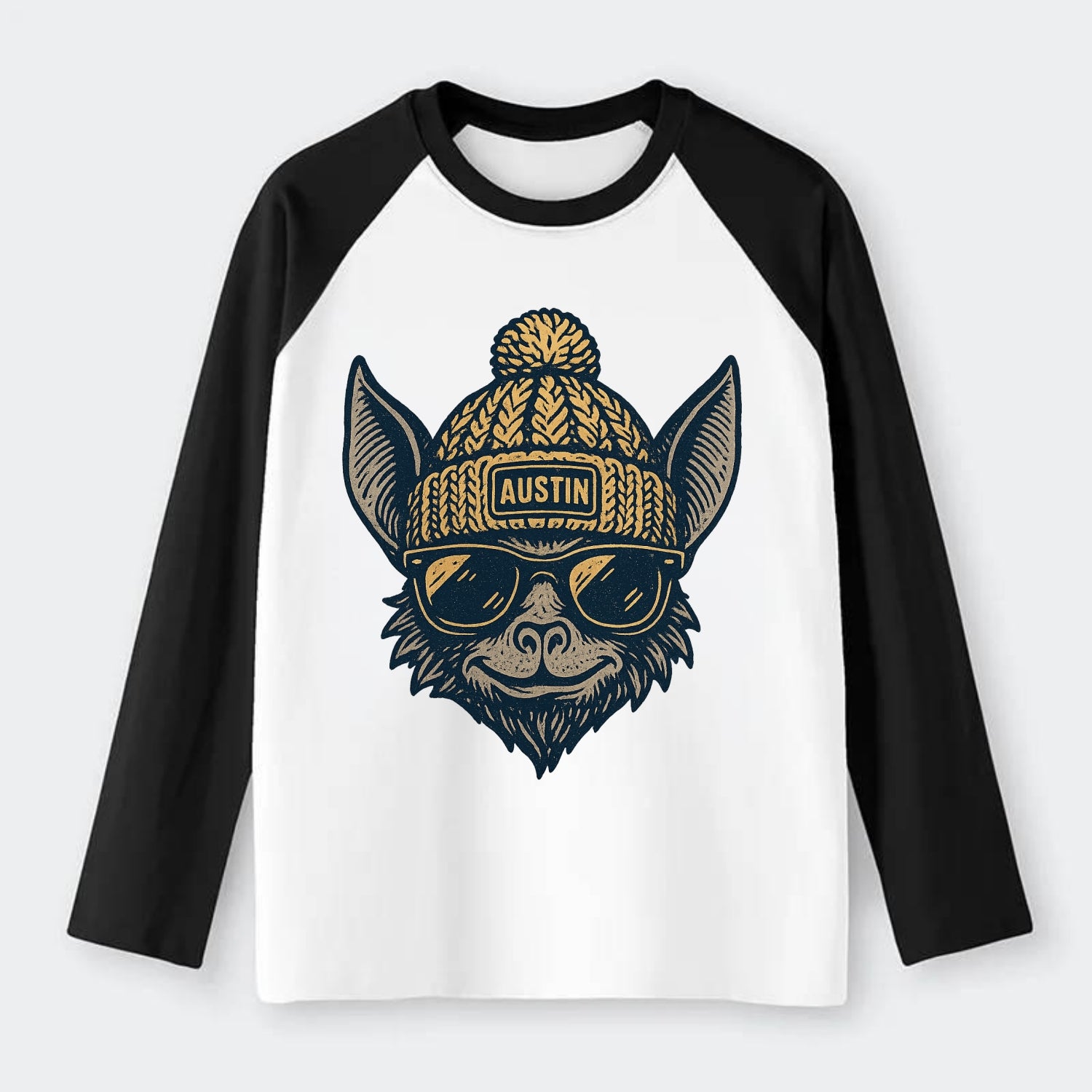 Austin Bat wearing Austin beanie with pom pom and wayfarer sunglasses - Raglan Long Sleeve T-Shirt - Black