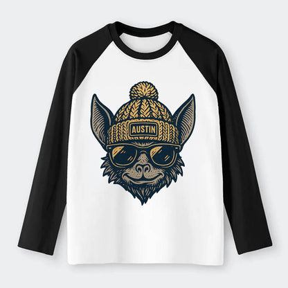 Austin Bat wearing Austin beanie with pom pom and wayfarer sunglasses - Raglan Long Sleeve T-Shirt - Black