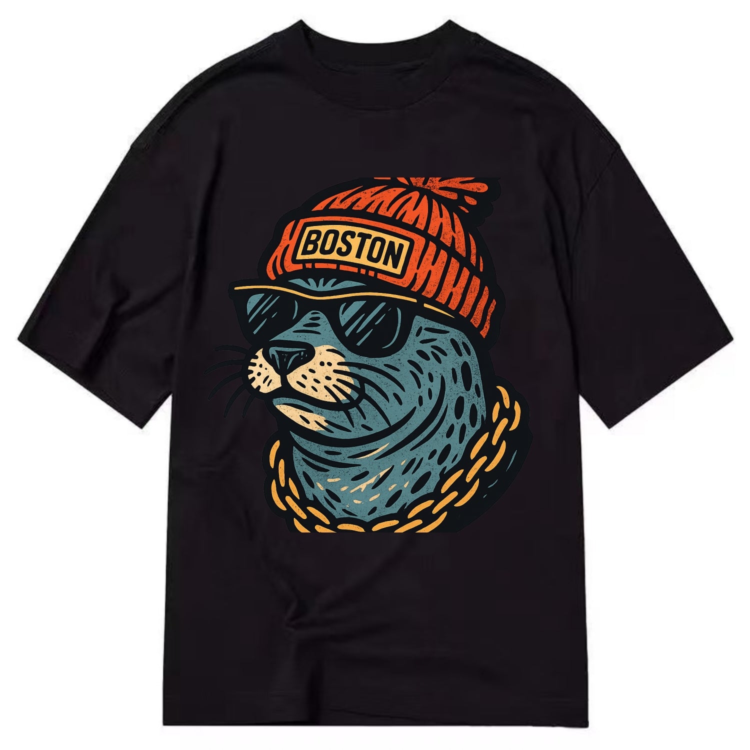 Boston Harbor Seal wearing Boston beanie with pom pom and wayfarer sunglasses - Classic T-shirt - Black