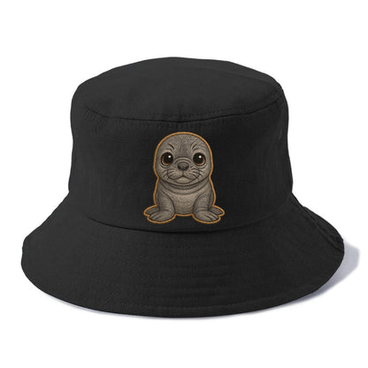 Baby Elephant Seal - gray wrinkly, tiny trunk nose, big dark eyes, front-facing, funny - Bucket Hat - Black