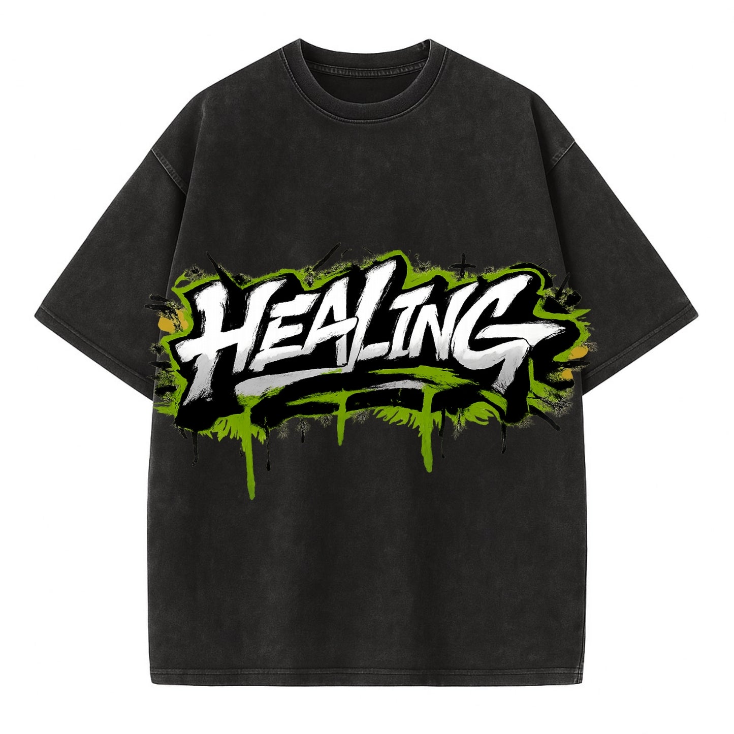Bold typography design - "HEALING" - in recovery, getting better - Vintage T-shirt - Black
