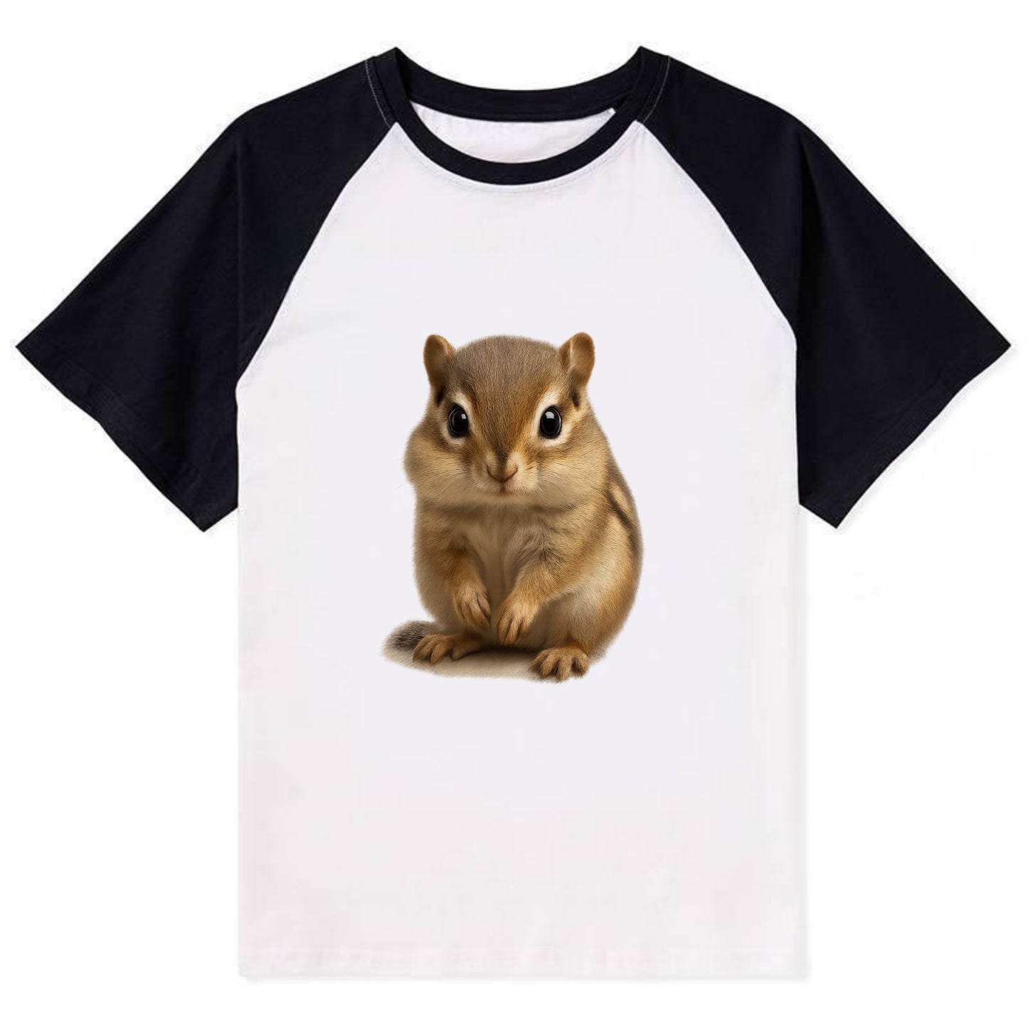 Baby Chipmunk - striped back, cheek pouches, tiny paws, bright eyes, - Contrast Raglan T-shirt - Black