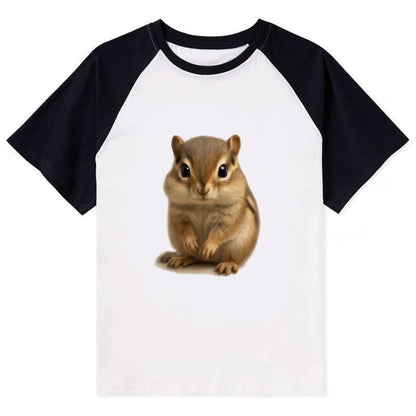 Baby Chipmunk - striped back, cheek pouches, tiny paws, bright eyes, - Contrast Raglan T-shirt - Black